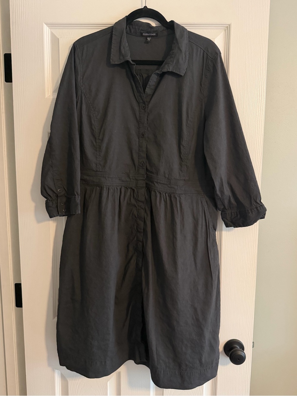 Eileen Fisher Charcoal Black/Gray Button-Front Midi Shirt Dress Linen Blend
